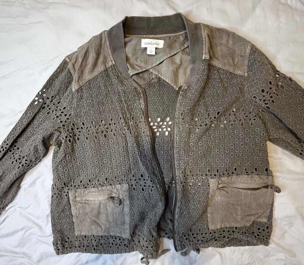 Free-Spirit Boho Grey Eyelet Embroidered Bomber Jacket | Festival Chic